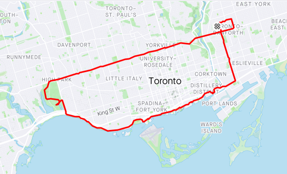 loop of downtown Toronto along Bloor St and down through High Park, back along the Lakeshore