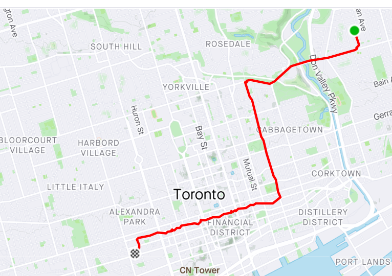 route map from Danforth Ave to Shopify Office