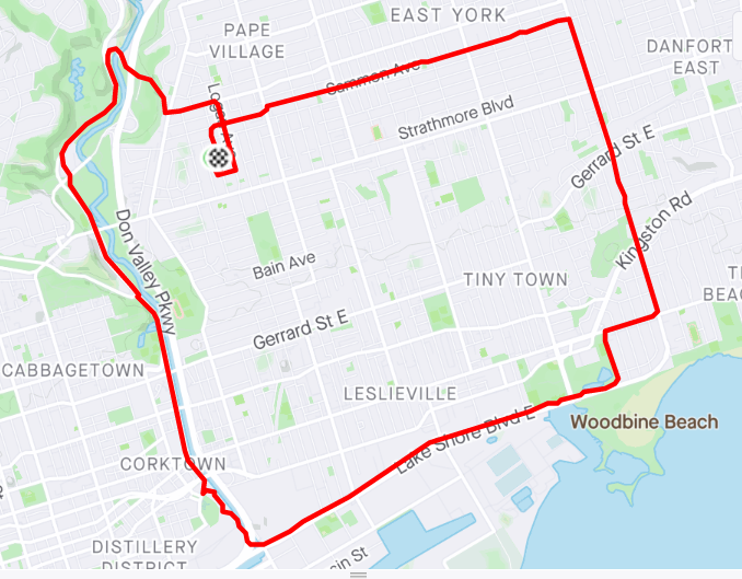 route map from Danforth through the Don Valley up Woodbine