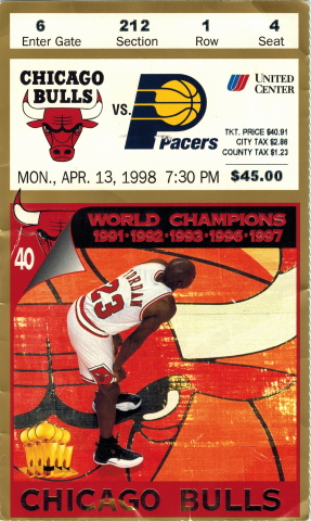 Paper ticket for 1998 game between the Chicago Bulls and the Indiana Pacers