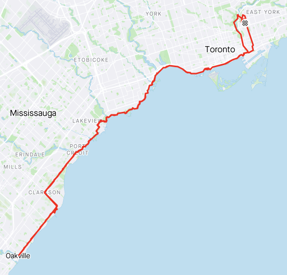 route map of cycle trip from Toronto to Oakville and back