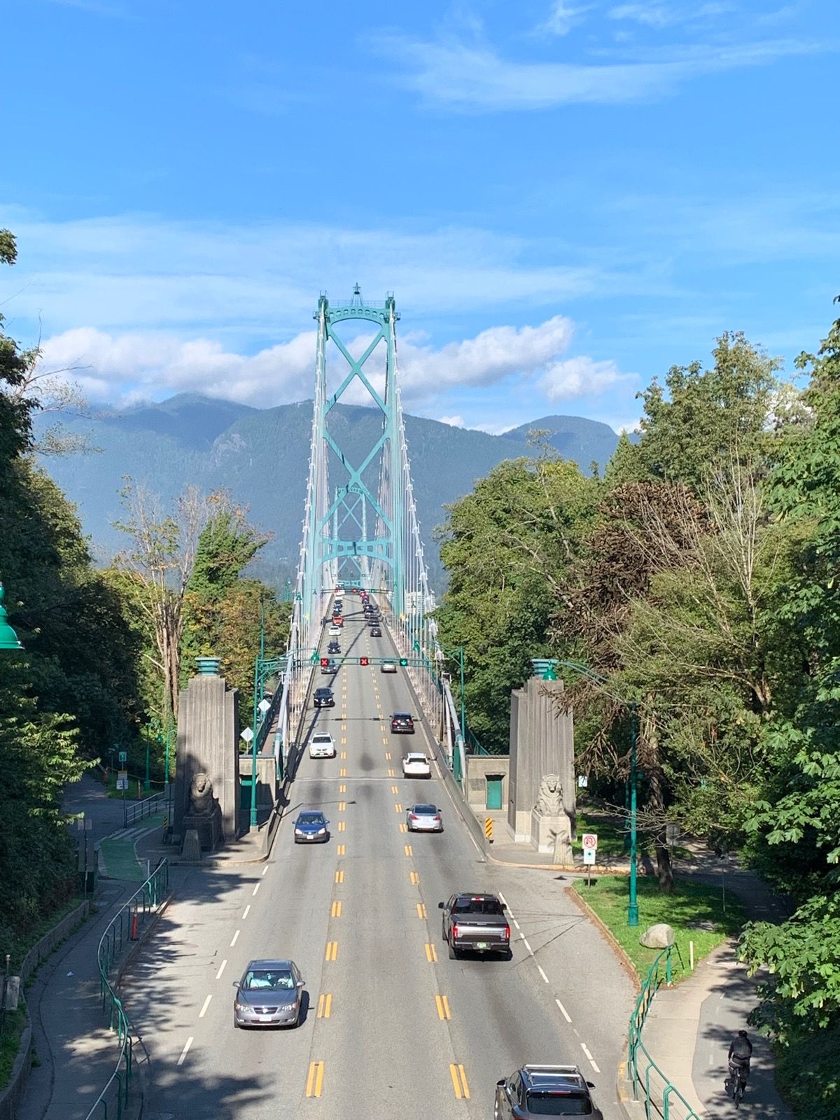 view of Lions Gate bridge facing north to the North Shore from the Viaduct overpass in Stanley Park