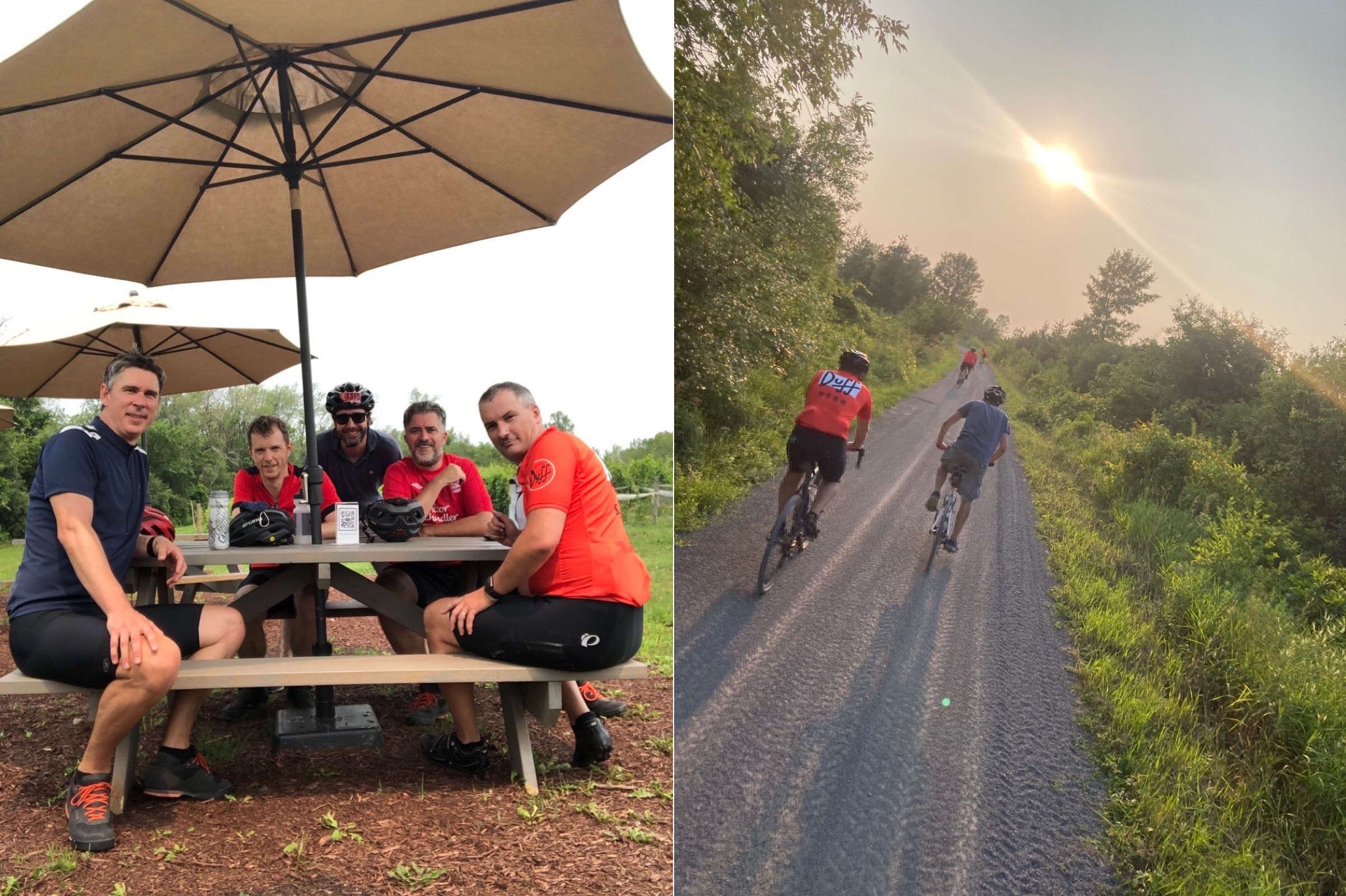 side-by-side photos of 5 guys drinking beer, then riding at twilight